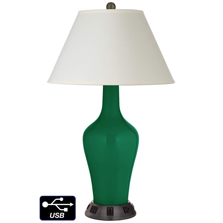 Image 1 White Empire Jug Table Lamp - 2 Outlets and 2 USBs in Greens