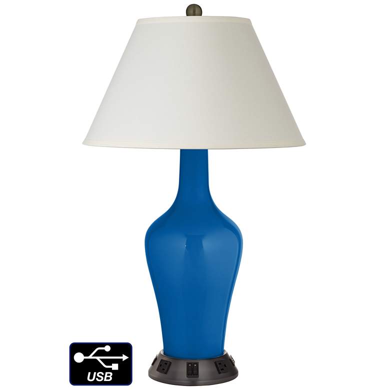 Image 1 White Empire Jug Table Lamp - 2 Outlets and 2 USBs in Hyper Blue