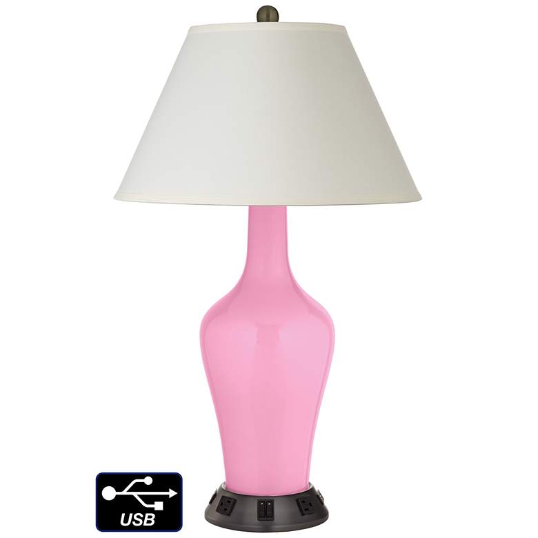 Image 1 White Empire Jug Table Lamp - 2 Outlets and 2 USBs in Pale Pink