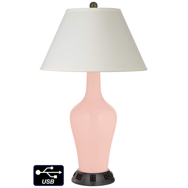 Image 1 White Empire Jug Table Lamp - 2 Outlets and 2 USBs in Rose Pink
