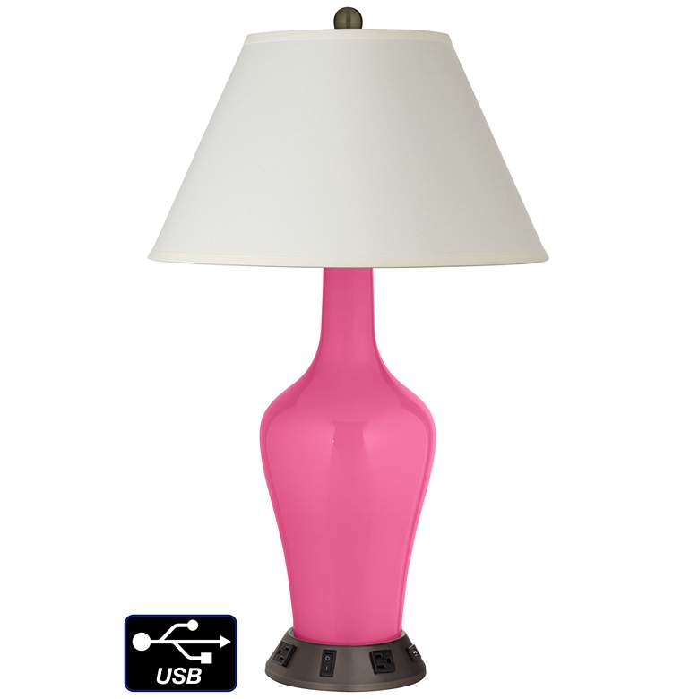 Image 1 White Empire Jug Table Lamp - 2 Outlets and USB in Blossom Pink