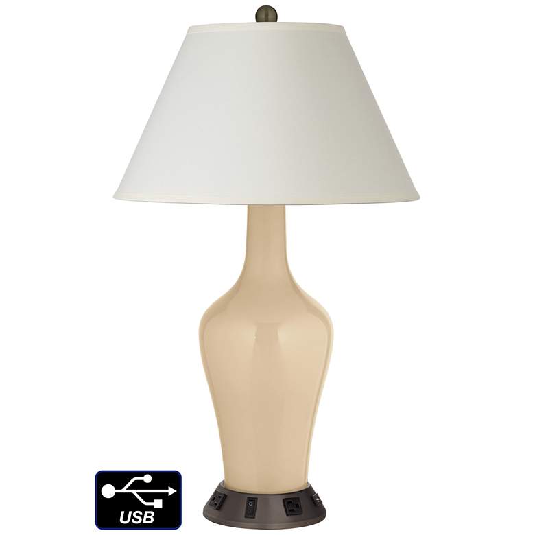 Image 1 White Empire Jug Table Lamp - 2 Outlets and USB in Colonial Tan