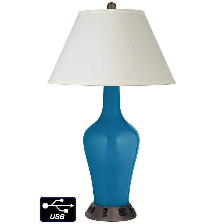 Image 1 White Empire Jug Table Lamp - 2 Outlets and USB in Mykonos Blue