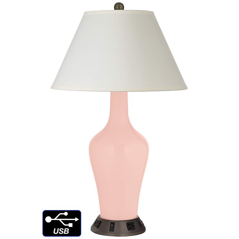 Image 1 White Empire Jug Table Lamp - 2 Outlets and USB in Rose Pink