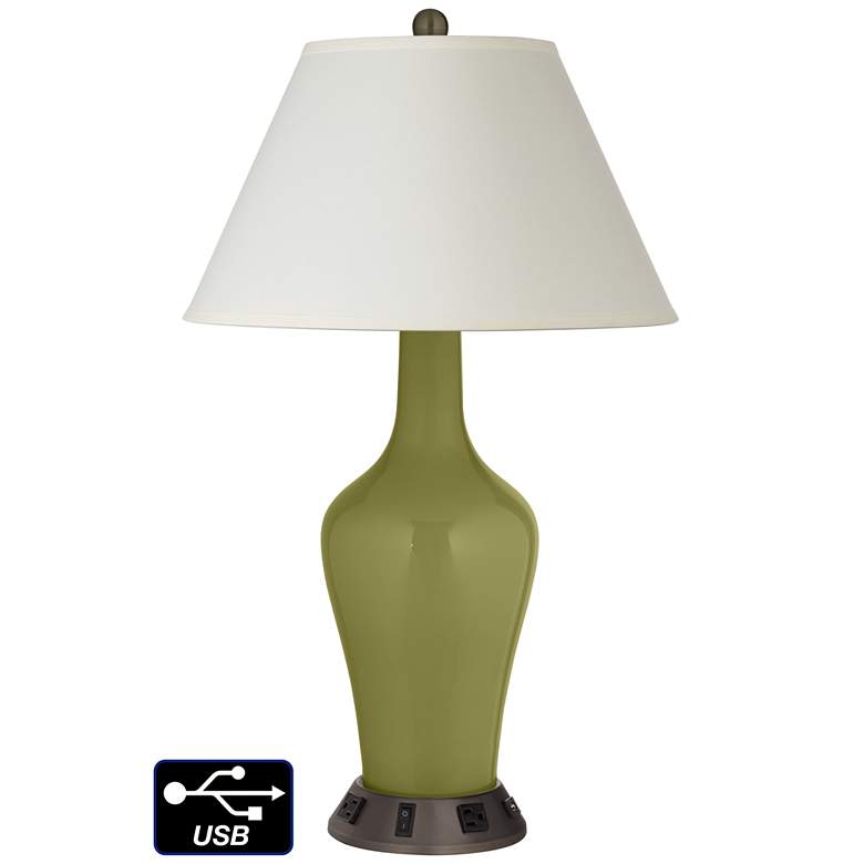 Image 1 White Empire Jug Table Lamp - 2 Outlets and USB in Rural Green