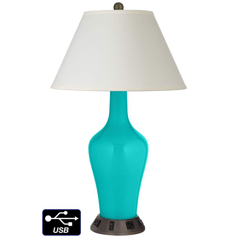 Image 1 White Empire Jug Table Lamp - 2 Outlets and USB in Turquoise