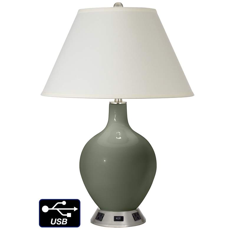 Image 1 White Empire Table Lamp - 2 Outlets and USB in Deep Lichen Green