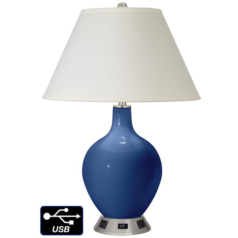 Image 1 White Empire Table Lamp - 2 Outlets and USB in Monaco Blue