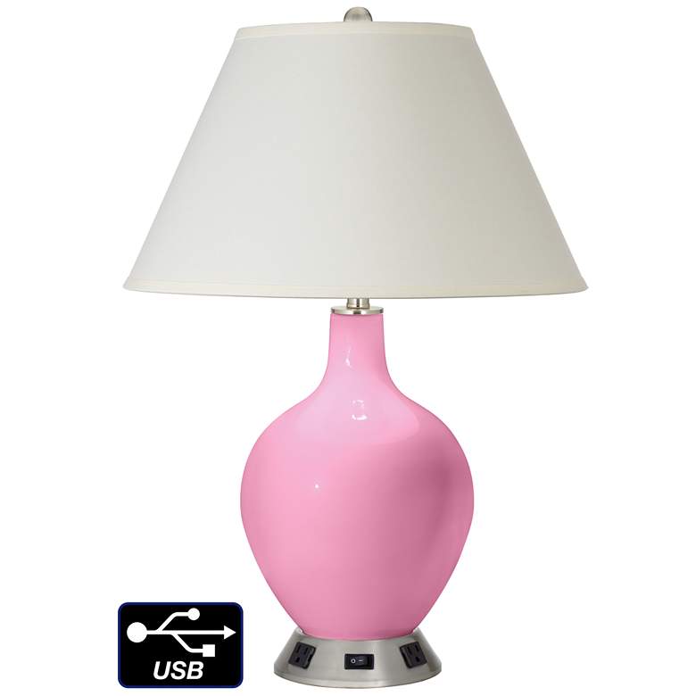 Image 1 White Empire Table Lamp - 2 Outlets and USB in Pale Pink