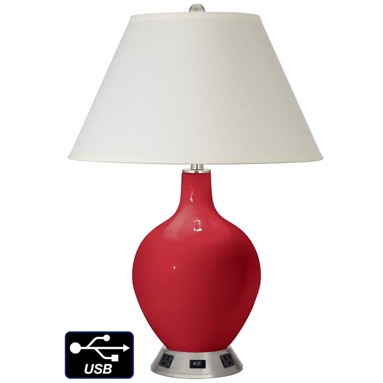 Image 1 White Empire Table Lamp - 2 Outlets and USB in Ribbon Red