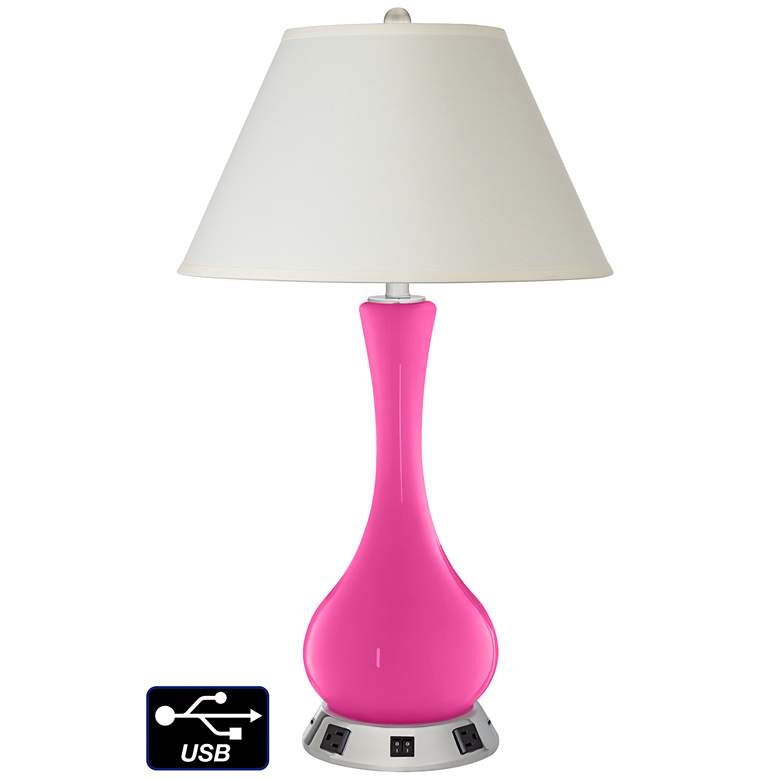 Image 1 White Empire Vase Table Lamp - 2 Outlets and 2 USBs in Fuchsia