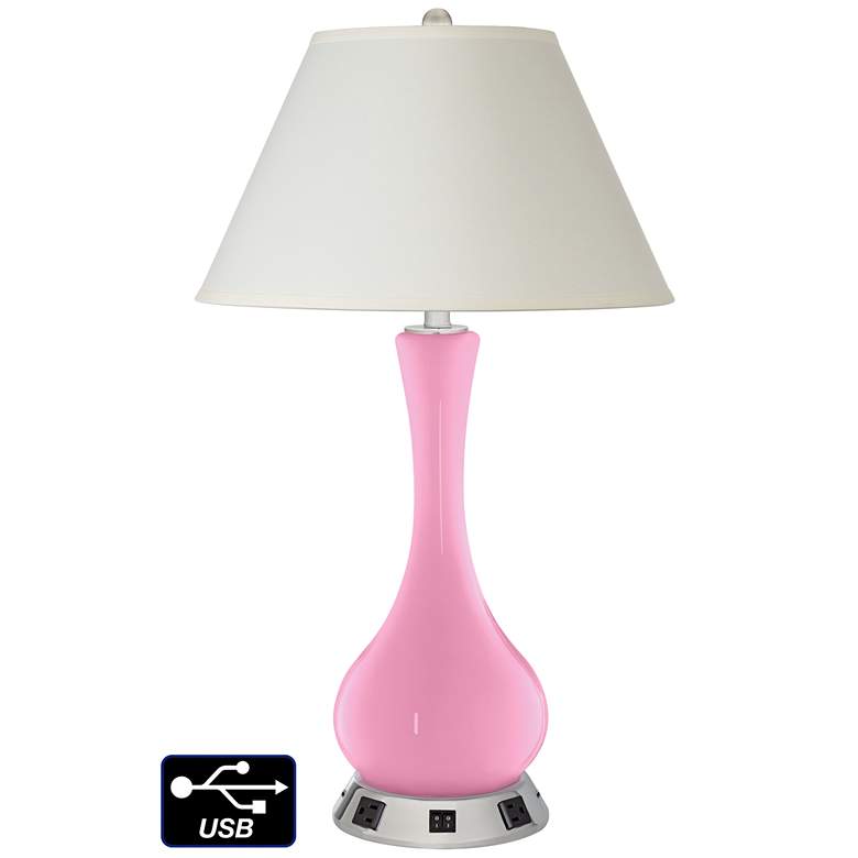 Image 1 White Empire Vase Table Lamp - 2 Outlets and 2 USBs in Pale Pink