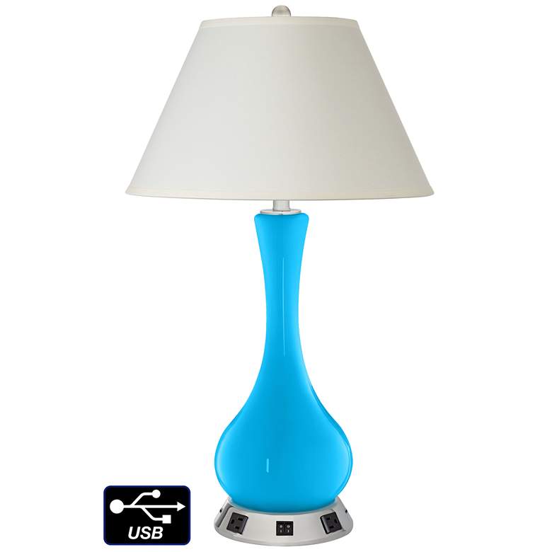 Image 1 White Empire Vase Table Lamp - 2 Outlets and 2 USBs in Sky Blue