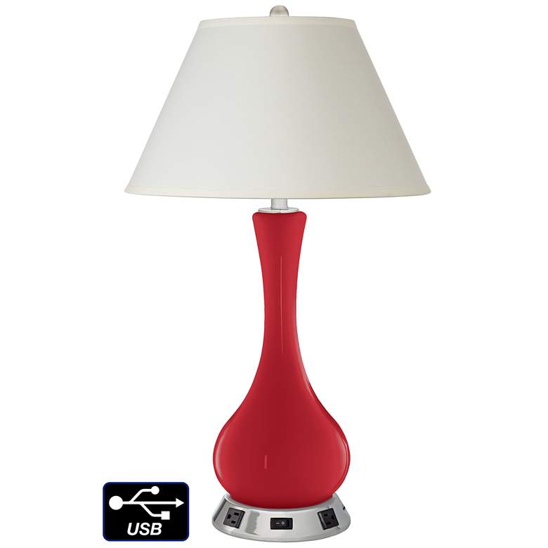 Image 1 White Empire Vase Table Lamp - 2 Outlets and USB in Ribbon Red