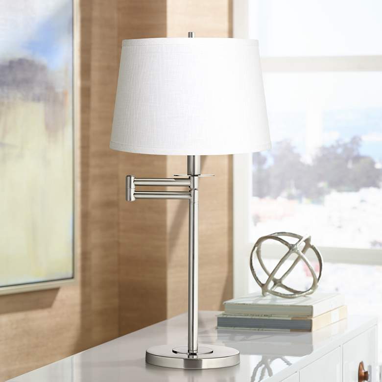 Image 1 White Fabric Drum Brushed Nickel Swing Arm Desk Lamp