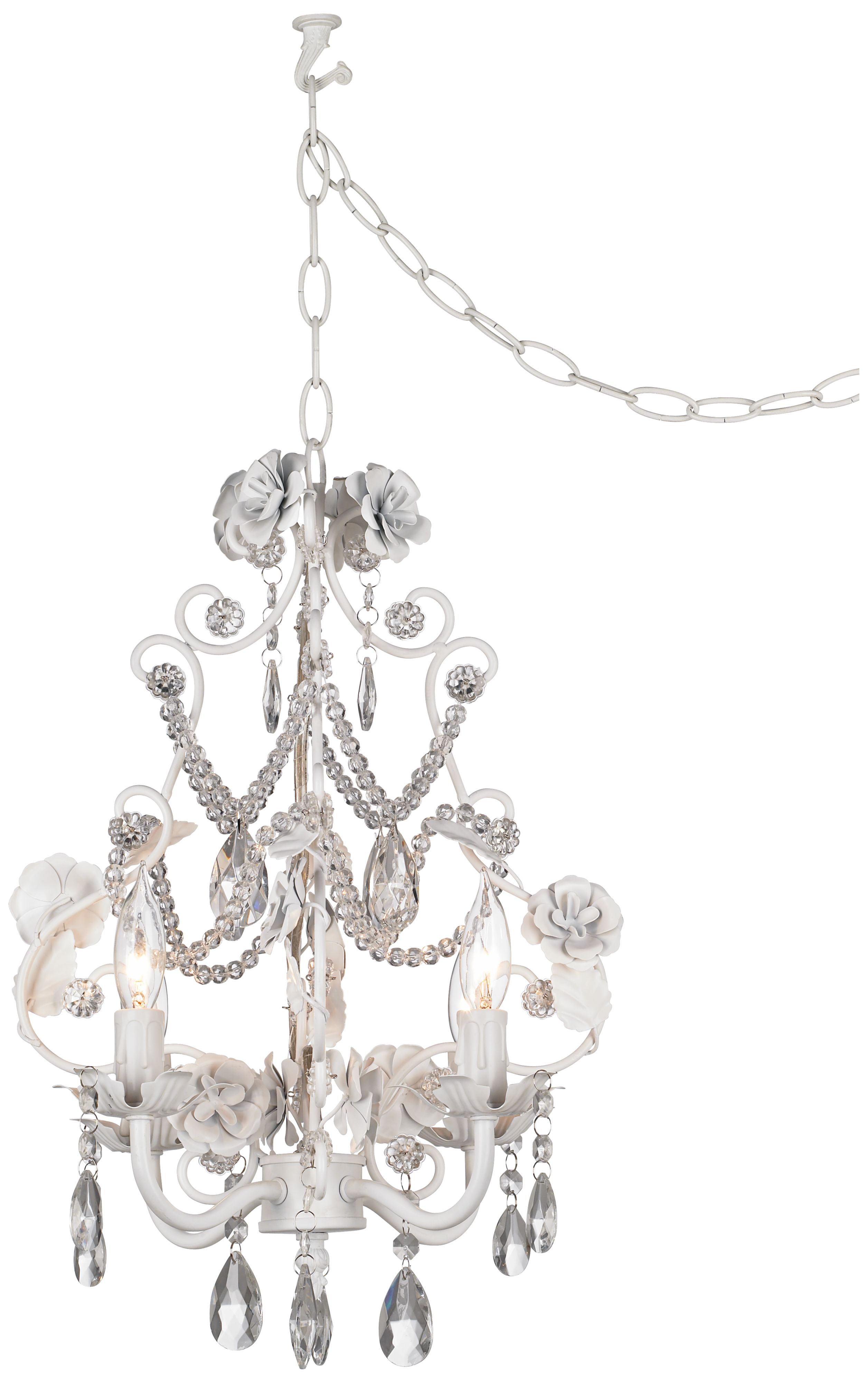 White Floral With Crystal Accents Plug-In Swag Chandelier