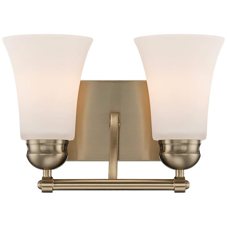 Image 1 White Glass 12 inch Wide Brushed Brass Bathroom Light Fixture