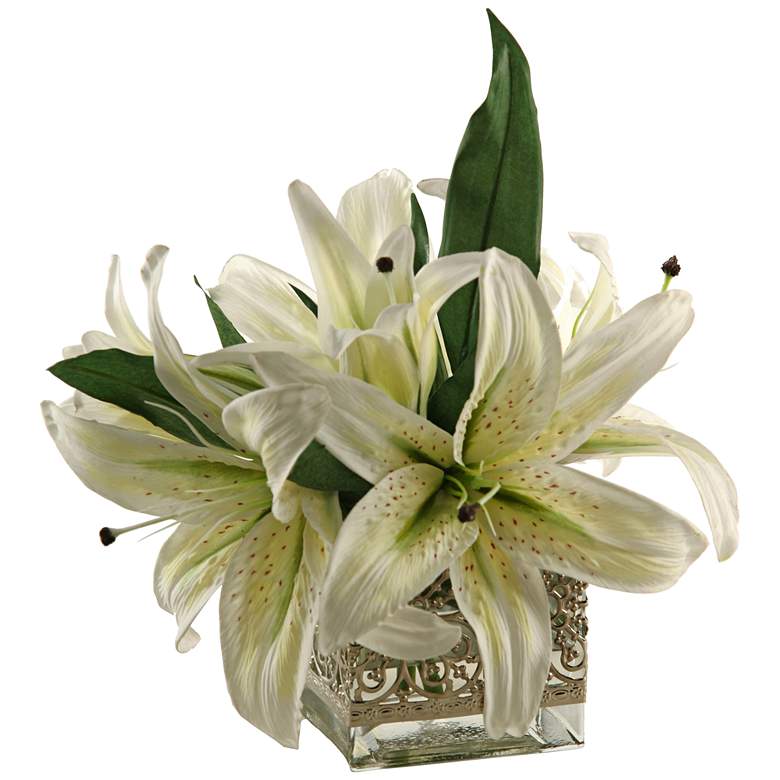 Image 1 White Lilies 12 inchW Faux Flowers in Glass Cube