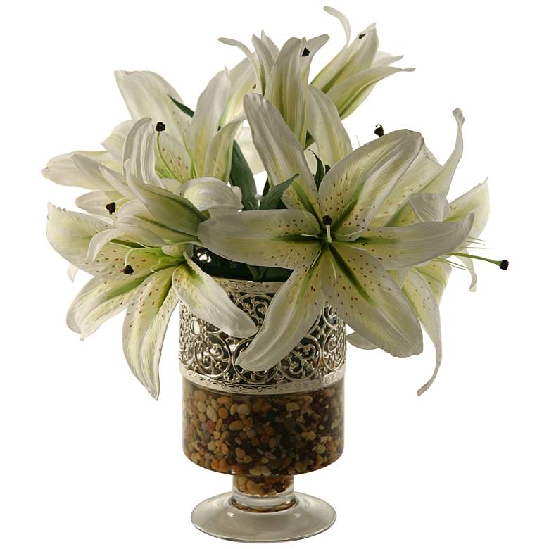 Image 1 White Lilies 15 inchH Faux Flowers in Glass Vase