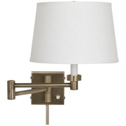 White Linen Antique Brass Swing Arm Plug-In Wall Lamp with Cord Cover