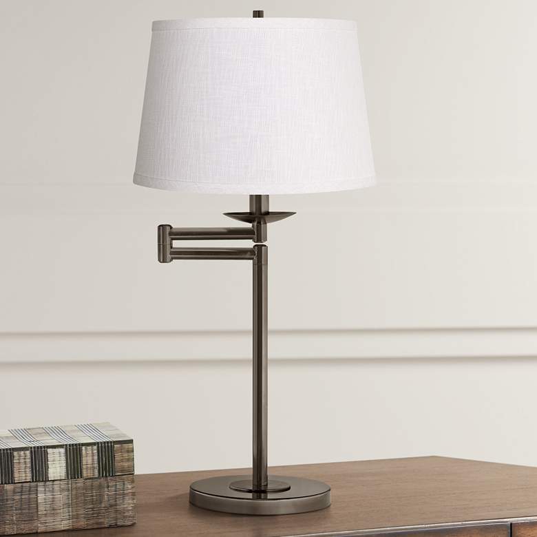 Image 1 White Linen Bronze Swing Arm Desk Lamp