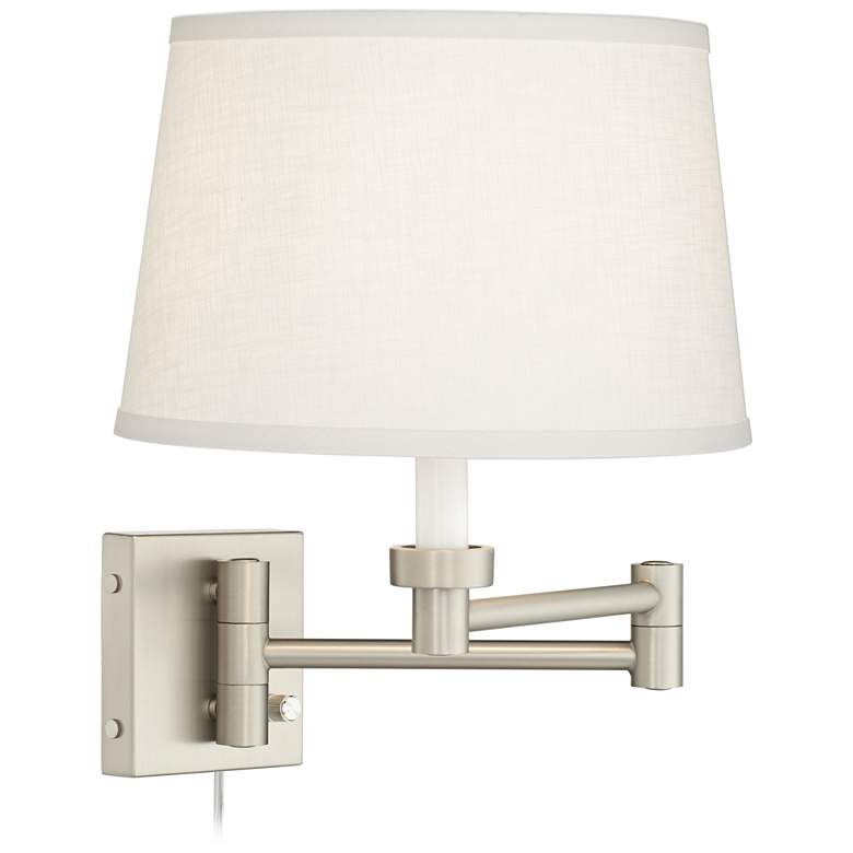White Linen Shade Brushed Nickel Adjustable Plug-In Wall Lamp more views