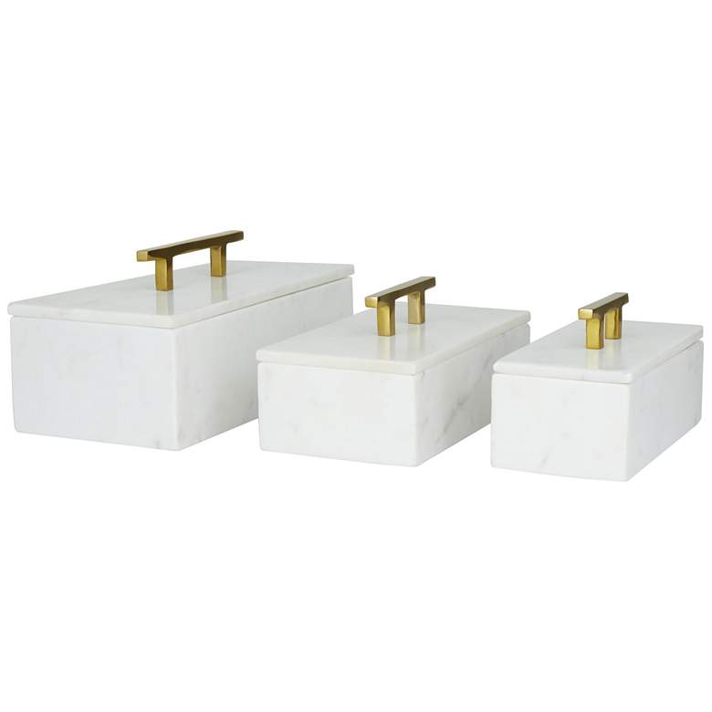 Image 1 White Marble Decorative Box with Gold Bar Handles, Set of 3 12", 10", 8"W