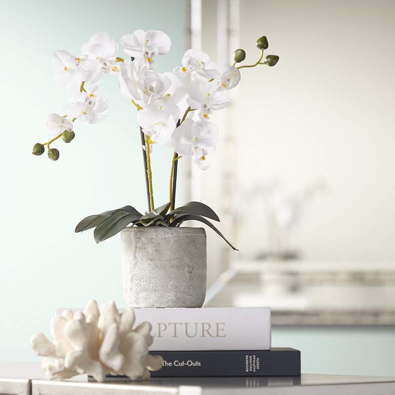 Image 1 White Orchid 20 3/4 inch High Faux Flowers in Grey Ceramic Pot