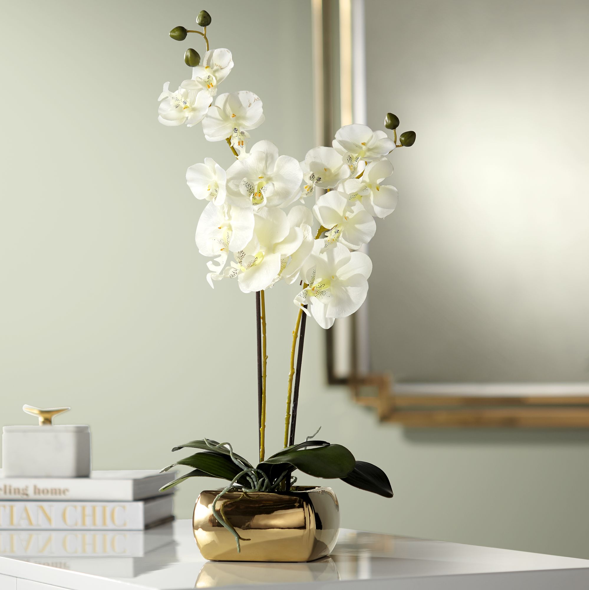 Artificial Orchid Plant in White Pot 33cm High Potted Silk Flowers 