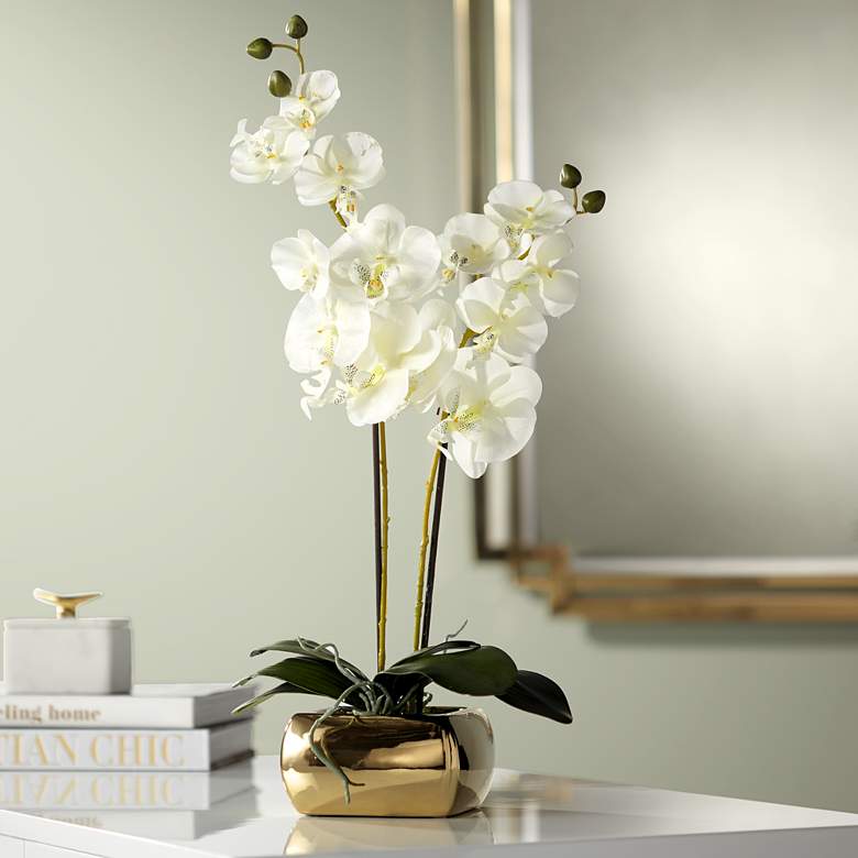 Image 2 White Orchid  22 inch High Faux Flowers in Gold Ceramic Pot