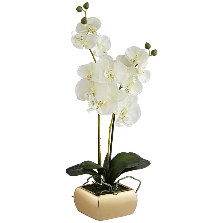 Image 6 White Orchid  22 inch High Faux Flowers in Gold Ceramic Pot more views