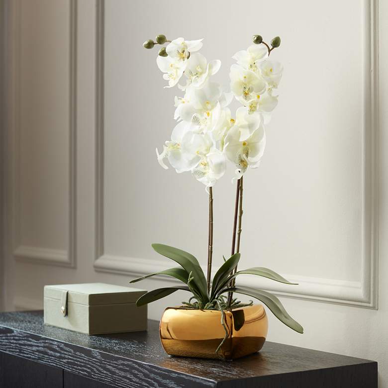 Image 7 White Orchid  22 inch High Faux Flowers in Gold Ceramic Pot more views