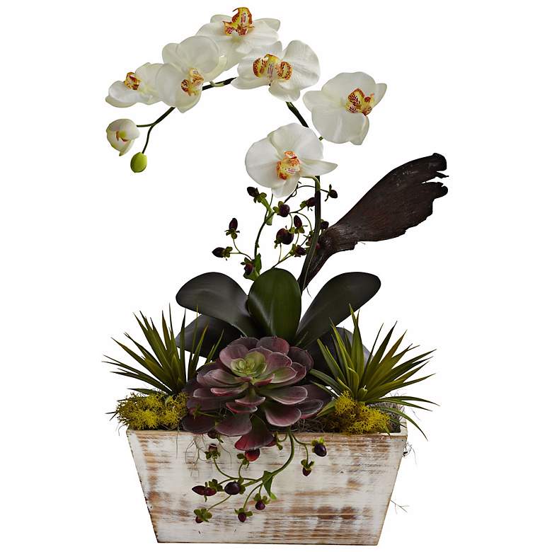 Image 1 White Orchid and Succulent 21 inchH Faux Plants in Whitewash Pot