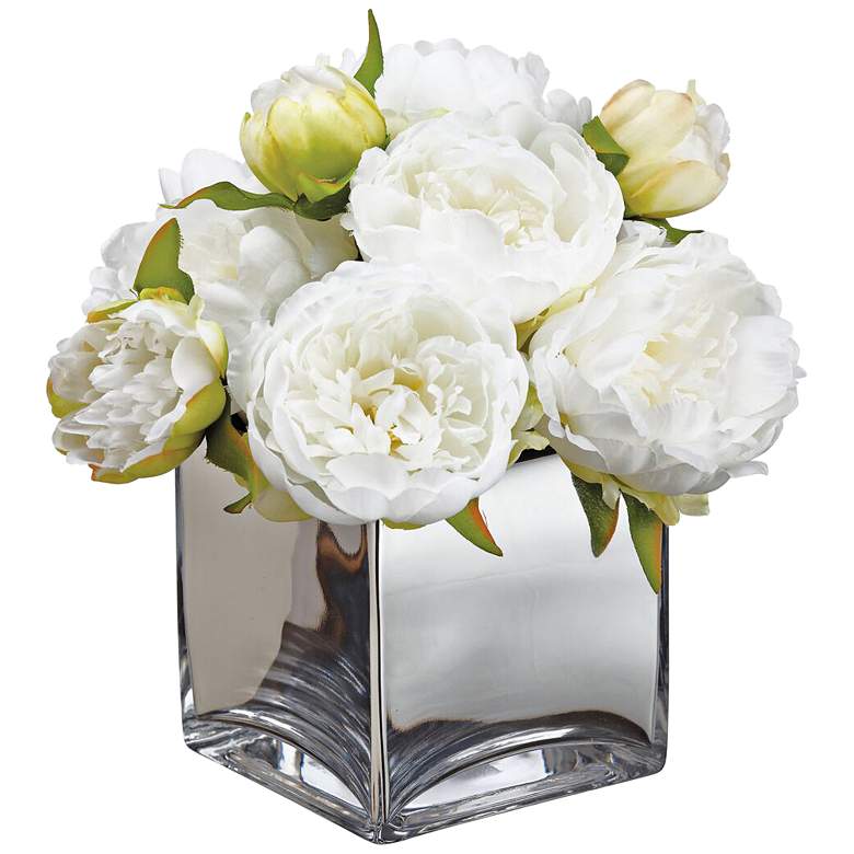 Image 1 White Peonies 14 1/4 inch High Faux Flowers in Glass Container