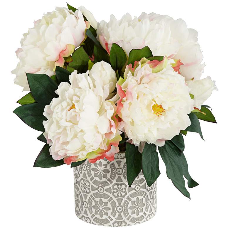 Image 1 White Peonies 15 inch Wide Faux Flowers in Ceramic Vase
