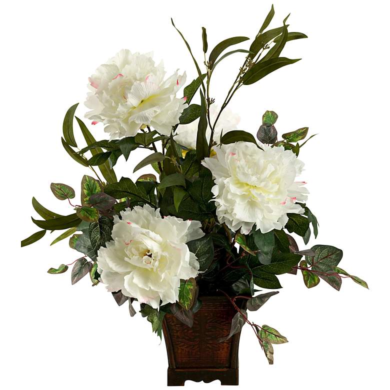 Image 1 White Peonies and Eucalyptus 28 inch H Flowers in Wooden Planter