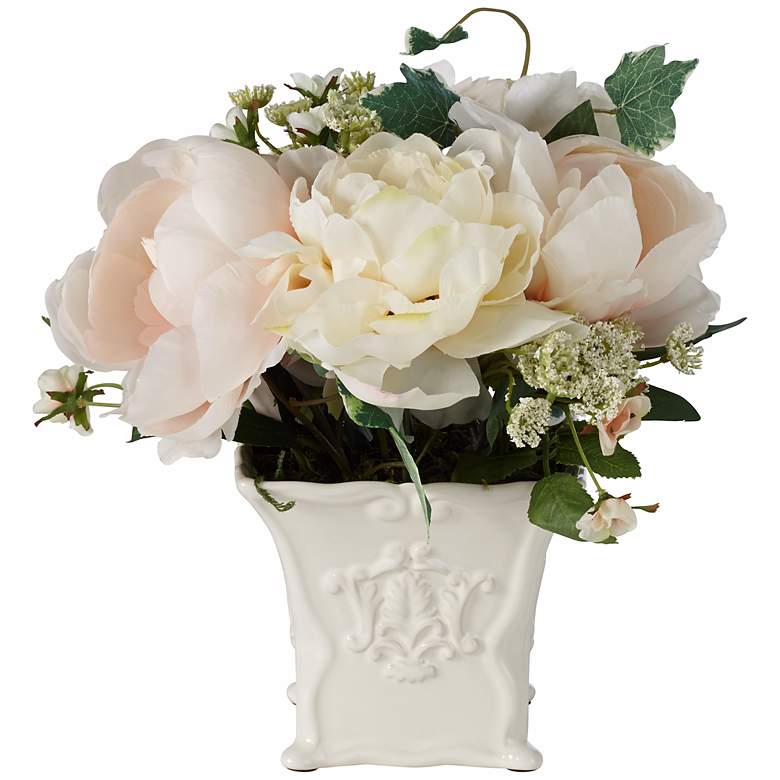 Image 1 White Peonies and Roses 10 1/4 inchW Flowers in a Ceramic Pot