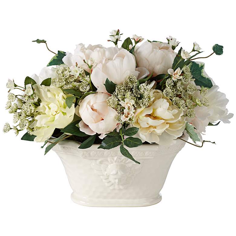 Image 1 White Peonies and Roses 14 inchH Flowers in a Large Ceramic Pot