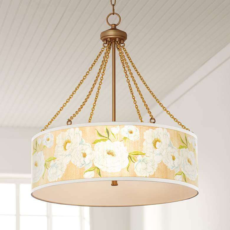 Image 1 White Peonies Dana Antique Brass Pendant Light