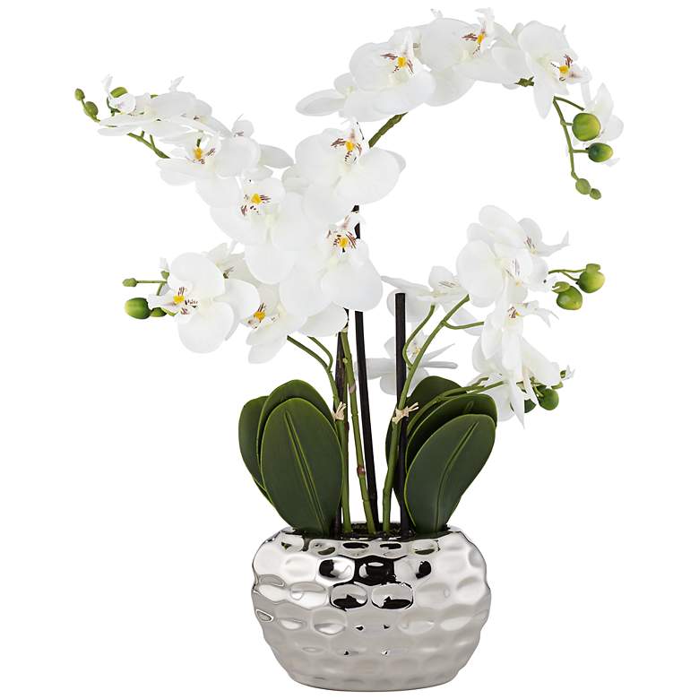 Image 3 White Phalaenopsis 23" High Faux Orchid Flower in Silver Resin Pot