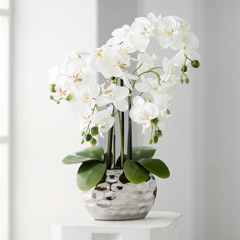 Image 2 White Phalaenopsis 23" High Faux Orchid Flower in Silver Resin Pot