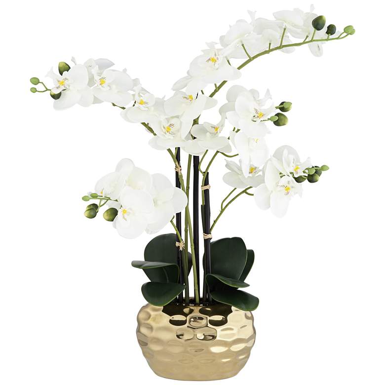 Image 3 White Phalaenopsis 23 inchH Faux Orchid in Gold Ceramic Pot
