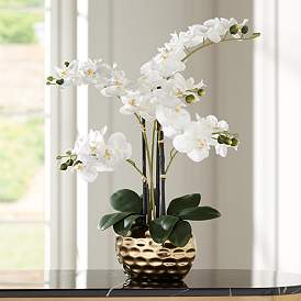 Image2 of White Phalaenopsis 23"H Faux Orchid in Gold Ceramic Pot