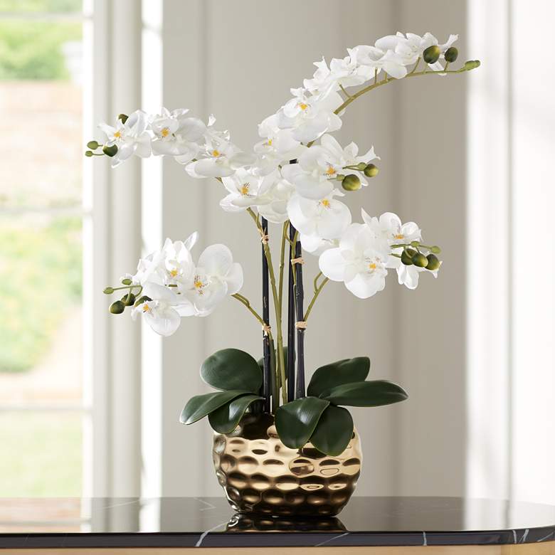 Image 2 White Phalaenopsis 23 inchH Faux Orchid in Gold Ceramic Pot