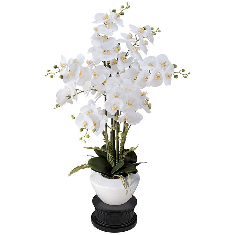 White Phalaenopsis 29&quot; High Faux Orchid Flower With Black Round Riser