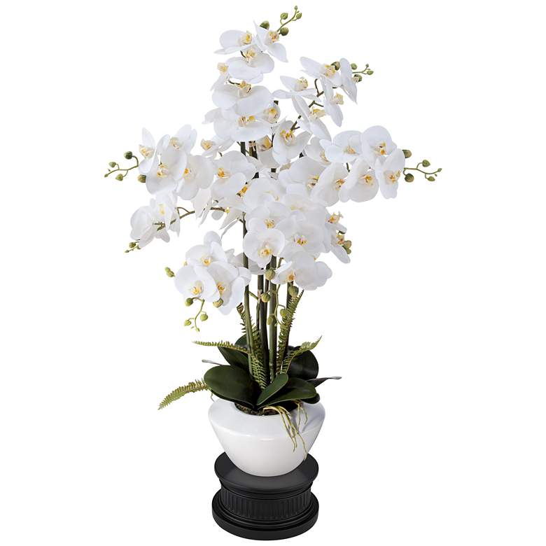 Image 1 White Phalaenopsis 29" High Faux Orchid Flower With Black Round Riser