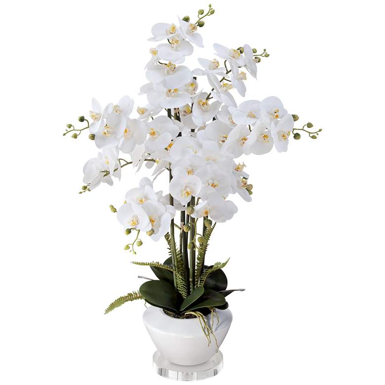 Image 1 White Phalaenopsis Faux Orchid 29 inchH With 7 inch Round Acrylic Riser