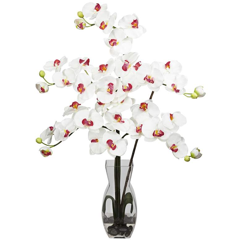 Image 1 White Phalaenopsis Orchid 31 inchH Faux Flowers in Glass Vase