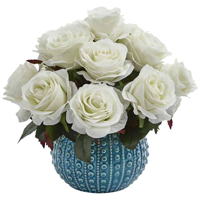 Image 1 White Rose 11 1/2 inch Wide Faux Flowers in Ceramic Vase