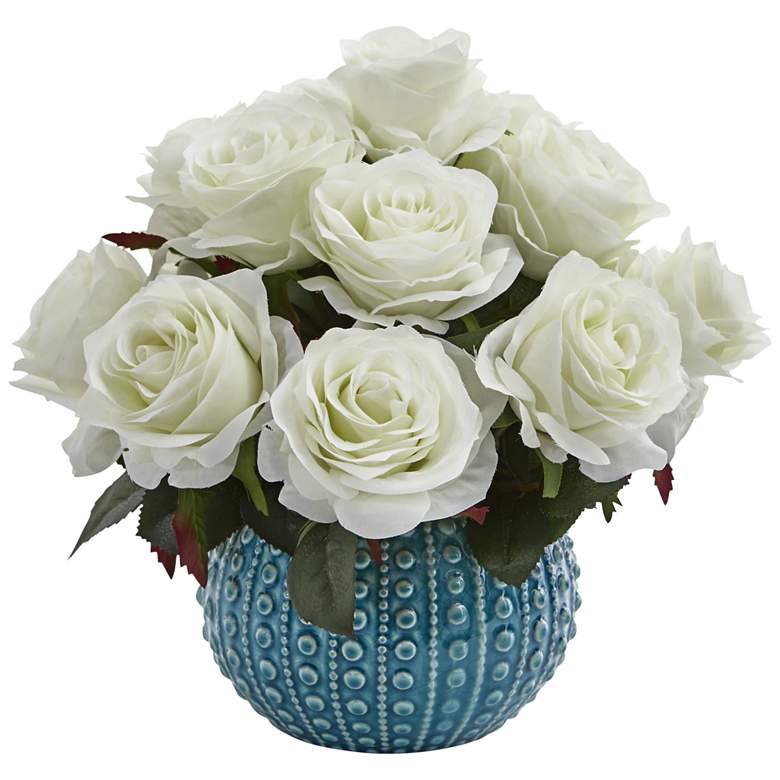 Image 1 White Rose 11 1/2" Wide Faux Flowers in Ceramic Vase